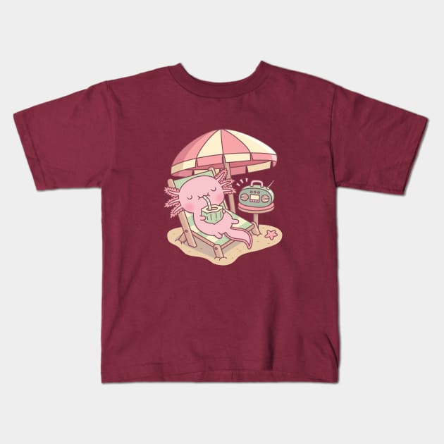 Cute Axolotl Chilling At The Beach Kids T-Shirt by rustydoodle